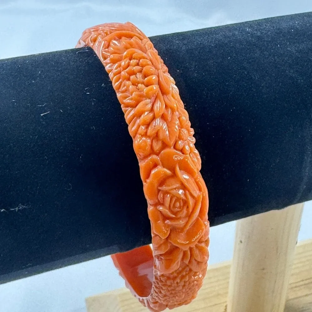 Vintage Celluloid Carved Floral Coral Orange Bangle Bracelet '20s-40s 7.75